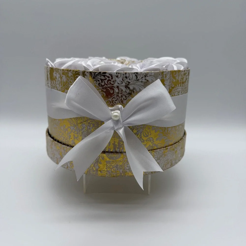 Handmade Satin Ribbon Rose Bouquet in Gold Damask Round Gift Box White Gold 8in